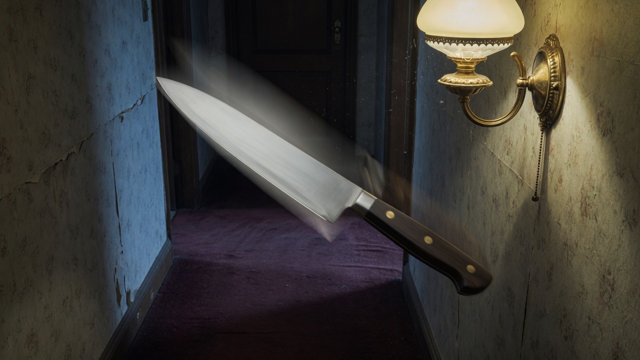 Ein Messer mitten im Wurf in einem dunklen KMM-Flur