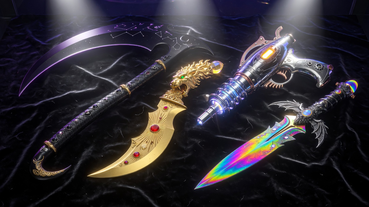 Void scythe, Sunblade, Raygun und ein Chroma-Dolch auf schwarzem Samt
